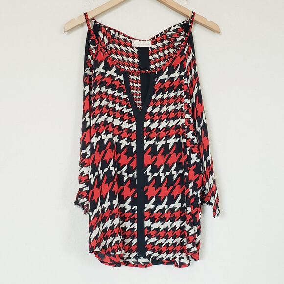 Jodi B Wise Silk Houndstooth Cold Shoulder Tunic Top Blouse Women's Medium Artsy - Picture 1 of 9